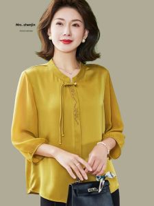 Middle-Aged Mom Wear Summer Retro Cropped Sleeves Satin Shirt Pure Color Belly-Covering and Youthful-Looking Small Shirt Middle-Aged and Elderly Womens National Style