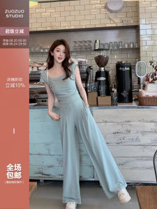 ชุดสองชิ้นแฟชั่นฤดูร้อนสำหรับผู้หญิง แขนสั้นเข้ารูป กางเกงขายาวเอวสูง สไตล์ลำลอง สวมใส่สบาย ชุดทำงาน ชุดทำงาน