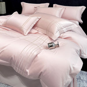 Luxurious Hotel Style 100% Cotton Satin Embroidered Line Bedding Set