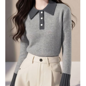 Fashionable Commuter Grey Polo Neck Long Sleeve Knitted Sweater Womens Autumn Unique Super Cute Soft Base Shirt Korean Style