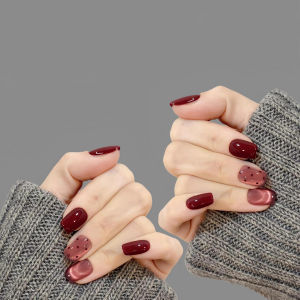 10PCS Cherry Red Short Press on Nails Simple Full Cover Sweet Polka Dot Design Women&Girl Removable Wearable Nail Art Nail Tips