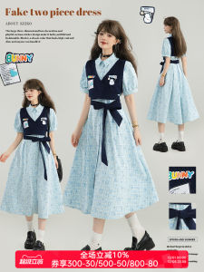 KEIKO Playful Style Shirt Dress Fake Two-Piece Design Belted Slimming Cotton Breathable Summer Fashion City Commute Date