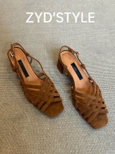 Retro Style Goatskin Sandals for Women Summer Fashion High Heel Open-Toe Square Head Design Casual Daily Use Shoes