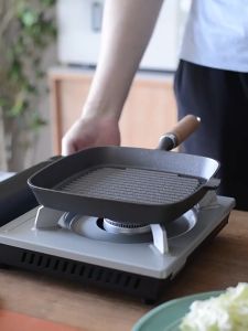 🚚3 Days Arrive🚚 Cast Iron Grill Pan with Wooden Handle Square Grill Pan Beef Steak Grilling Pan Non Stick Skillet Multifunctional Frying Pan