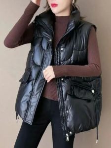 เสื้อกั๊กขนเป็ดแฟชั่นฤดูใบไม้ร่วง/ฤดูหนาวสำหรับผู้หญิง ทรงหลวม ขนาดใหญ่ ปกติ คอตั้ง แจ็คเก็ต ด้านนอก แขนสั้น แจ็คเก็ต