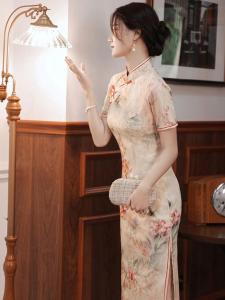 New 2024 Cheongsam Young Style Han Elements Long Dress High End Atmosphere Summer Lapel Pin Elegant Classic Chinese Costume