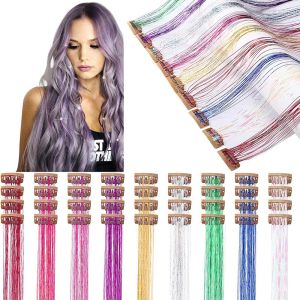 6Pcs 50cm Sparking Shiny Hair Tinsel Hair Extensions Tinsel Synthetic Hair Clip  Extensions Women for Braiding Headdress