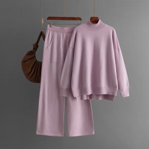 Autumn Winter Women Knit Two-piece Set Solid Color Half High Collar Slit Leisure Elegant Sweater Two Piece Sets Womens Outifits