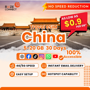 China eSIM | 5-20GB High Speed | 30 Days Data Plan | Raize Connect