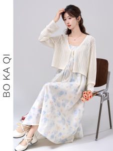 BOKAQI | Sun Protection Lace Hollow-out French Style Round Neck Print Waist-cinching Dress