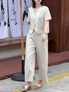 UYFY | Summer 2025 Loose Design Cotton Linen Short Sleeve Shirt Wide Leg Pants High End Two Piece Set For Plus Size Women V Neck Regular Length