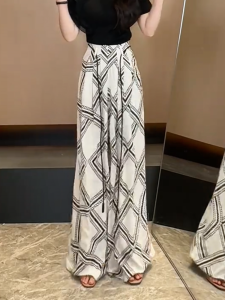 MANMI | Quần Dài Chân Rộng In Hình Hình Học Vintage Thoáng Mát Cao Thắt