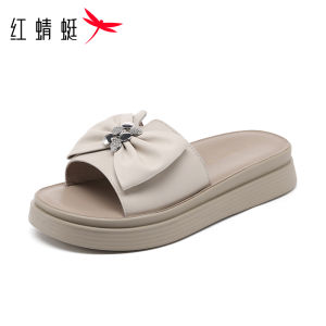 Reddragonfly | Leather Summer Slipper with Bow Design Thick Heel Height-increasing Soft Bottom