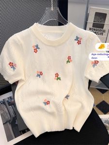 Elegant Embroidered Hollow out Short Sleeve Knitwear Womens Summer Special Brand Discount Floral Stitching Unique Top