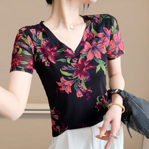Yimei Châu Âu 2025 Mùa Hè Thời Trang Lưới In Định Vị áo hoa ôm vừa tay ngắn Thanh Lịch Áo phông cổ chữ V