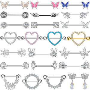 2pcs Butterfly Heart Crystal Nipple Piercings Rings 16mm Length Bar Shield Barbell Stainless Steel Wing Nipple Ring Body Jewelry
