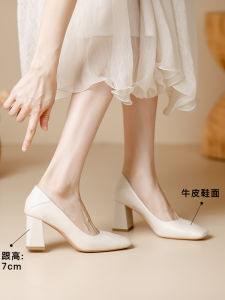 Spring 2025 White High Heels Womens Chunky Work Shoes Bridemaid Shoes Korean Style Leather Upgraded Version Comfortable Rubber Sole