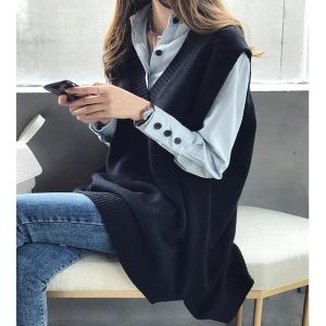 Womens Knitted Vest Large V-neck Sleeveless Loose Irregular Regular Style Woolen Sweater Vest Shoulder Open Match All