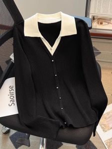 Áo Len Dệt Kim Dáng Rộng Cổ Polo Màu Khối Thời Trang Mùa Thu Đông Cho Nữ Cỡ Lớn Áo Len Dệt Kim Giả Hai Mảnh Thoải Mái Thường Ngày
