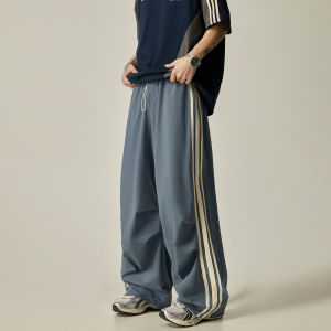 ISIETS American Retro Mens Loose Wide Leg Casual Pants Quick Dry Stripe Drapey Lazy Style Summer Paratrooper Loose Fit Trousers