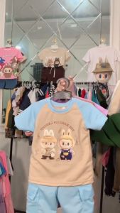 Setelan Anak Baju Anak Motif Labubu Kombi Usia 1-5 Tahun Pakaian Anak Laki Laki Perempuan Celana Kargo Pendek Fashion Anak Kekinian Viral