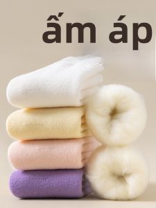 JINGCHI | Tất ống dài lót lông cừu dày cho nữ mùa đông ấm áp thoải mái khi ngủ màu trắng mới về tất ống giữa mùa thu đông