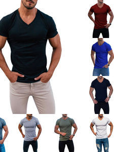 Solid Color Casual V-neck Fitness T-shirt Tagkita Polyester Fiber Fashion Urban Style Short Sleeve Summer Thin Model