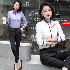 เสื้อเชิ้ตแขนยาวสีขาวสุดเท่สำหรับผู้หญิง ทรงปกติ สไตล์เกาหลี เสื้อเชิ้ตทำงาน เสื้อผ้าทำงาน เสื้อเชิ้ตสีขาวสำหรับผู้หญิง ฤดูใบไม้ผลิและฤดูใบไม้ร่วง