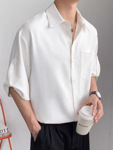 Premium Feel Ice Silk Mens Shirt Summer Thin Short Sleeve Loose Fit Casual Drapey Style Five to Seven Lengths Polyester Fiber