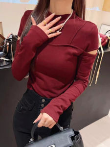 Womens Hollow out Long Sleeve T-Shirt Tight Fit Short Style Base Shirt Inner Wear Commute Korean Version Autumn New Design