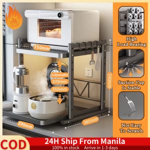 Pull Out Kitchen Racks Organizer With Hooks 2 Layers Kitchen Table Top Storage Rack Multi-Functional Desktop Layered Organizer Rice Cooker Oven Air Fryer Storage Rack Adjustable Height Carbon Steel Storage Shelf Condiments Organizer Rack