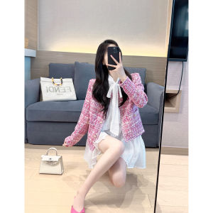 เสื้อคลุมสไตล์ชาแนลสีชมพูสำหรับผู้หญิงแบบใหม่ฤดูใบไม้ผลิและฤดูใบไม้ร่วงปี2023ผ้าทวีดแบบดูแพงเรียบหรูแบบเซเลบริตี้สไตล์ชิคๆแบบเทพธิดา