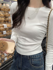 White round Neck Long Sleeves T-Shirt Female Early Spring New Design Sense Pleated Waist Tight Slimming Inner Bottoming Shirt Top
