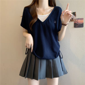 AIYITI | Plus Size Illusion Two Pieces Blue V-Neck Short Sleeve T-shirt Icy Silk