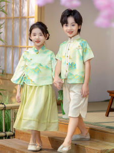 New Chinese Style Childrens Clothing Set Summer Cotton Blend Fabric National Learning Costume Boys Girls Performance Outfit