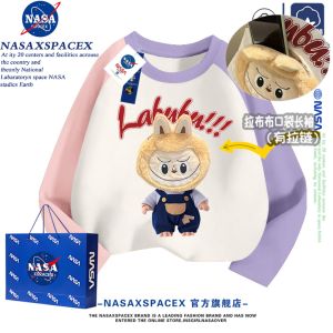 NASA Collaborative Long Sleeve T-Shirt for Girls with Pocket Labubu Cotton Childrens Spring Autumn Zipper 3D Cut out Design