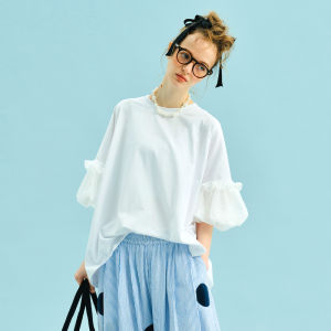 Casual Loose Black T-Shirt Women Summer Leisure Patchwork Design Lantern Sleeve Top Cotton Polyester Blend Comfortable Fit