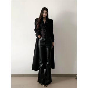 High Waist Flared PU Leather Pants for Women Extended Length Casual Black Bell Bottom Trousers Straight Leg Floor Length