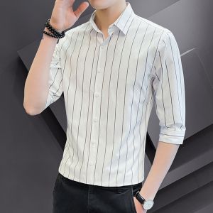ROMON | Lormen Ice Silk Short Sleeve Shirt Thin Summer Casual Mens Striped No Ironing Business Professional Seven-Quarter Length Coat