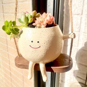 Nordic Cartoon Succulent Planter Cute Smiling Face Swing Decorative Personalized Wall Hanging Red Ceramics Flower Pot