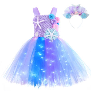 Princess Tulle Skirt with LED Light Mermaid Glowing Halloween Costume for Girls Children Performance Outfit Cotton Polyester