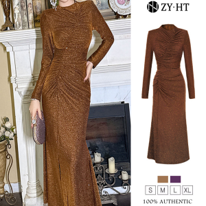 ZYHT EraVogue Womens Dress Purple Dress Coffee Color Long Sleeve Dress Fishtail Dress Shiny Dress High-class Dress Vintage Dress Wedding Dress Party Dress French Dress 30615