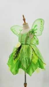 Girls Green Flower Fairy Elf Dress Sleeveless Sequins Petal Skirt Tulle Tutu Costume for Halloween Carnival Tinker Bell Cosplay