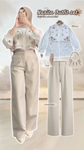 One Set Outfit Remaja Blouse Narika Motif + Celana Basic + Hijab dan Tas Bahu Aesthetic 3in1 AM85N