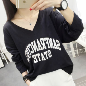 Áo Thun Thời Trang Mùa Xuân Phong Cách Hàn Quốc Cỡ Lớn Nữ Áo Thun Dài Tay Cổ Chữ V In Chữ Cho Áo Sơ Mi Cơ Sở Dành Cho Bé Gái Nặng