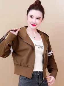 Short Zipper Hooded Jacket Womens Spring Autumn Fashionable Versatile Anti-Aging Small Size Baseball Suit Korean Style Pure Color Commute