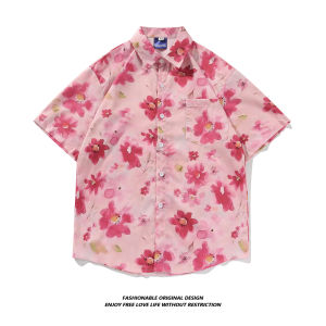 Summer New Mens Pink Floral Print Short Sleeve Loose Casual Beach Shirt Couple Vacation Style Lightweight Iron-Free Cotton