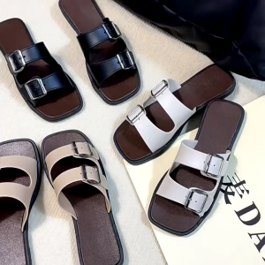 Flat Sandals For Women Korean Double Buckle Open-Toe Non-Slip Fashion Casual Slipper