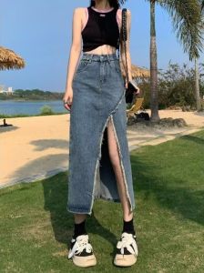 Wanita Rok Celana Panjang Pinggang Tinggi Polos Longgar Denim Tidak Teratur Membelah Desain