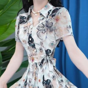 Fashionable Printed Dress Womens Elegant Waist-Cinching Belted Slimming Midi Skirt High Waist Polyester Summer New Arrival